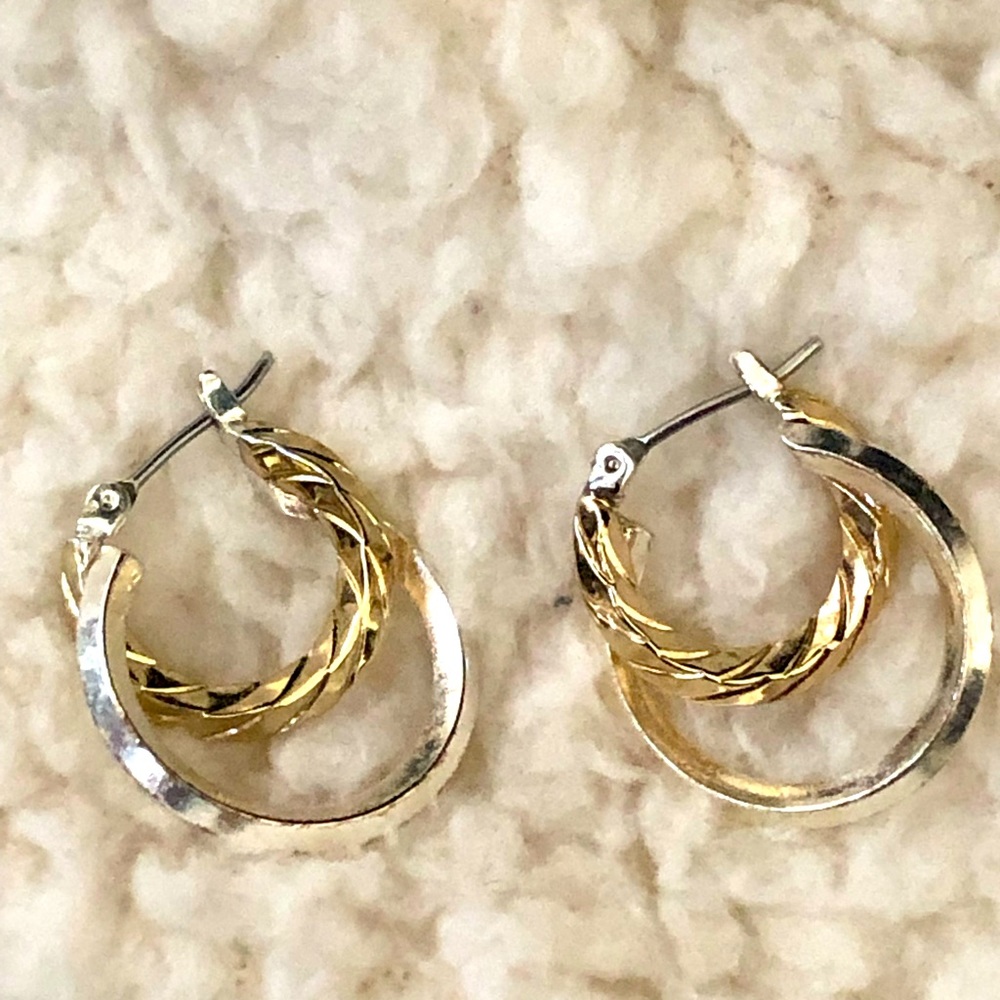 Earring w/ attached double hoops one gold one silver - costume jewelry